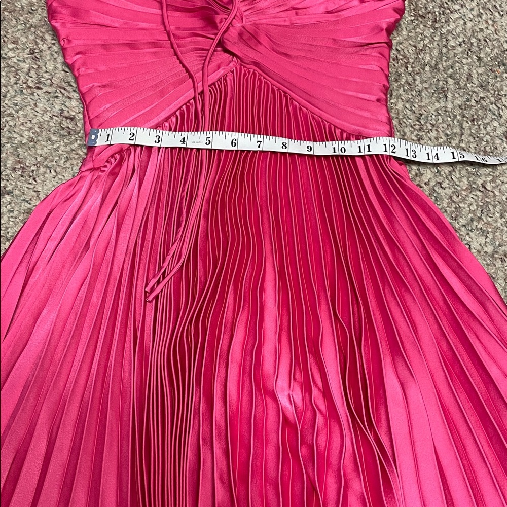 Moon river Pink satin Dress with gathered bust, pleated skirt &Ruffle Sleeve - Picture 8 of 10